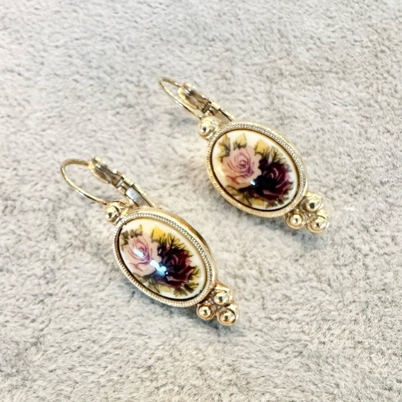 1928 Jewelry - 1928 Gold Tone Rose Floral Cameo Drop Earrings